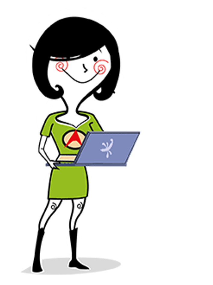 Illustration einer FRau mit schwarzen Haaren und grünem Kleid, die einen Laptop in der Hand hält